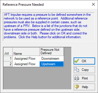 An AFT Impulse error message indicating that no reference  pressure has been given for the system.